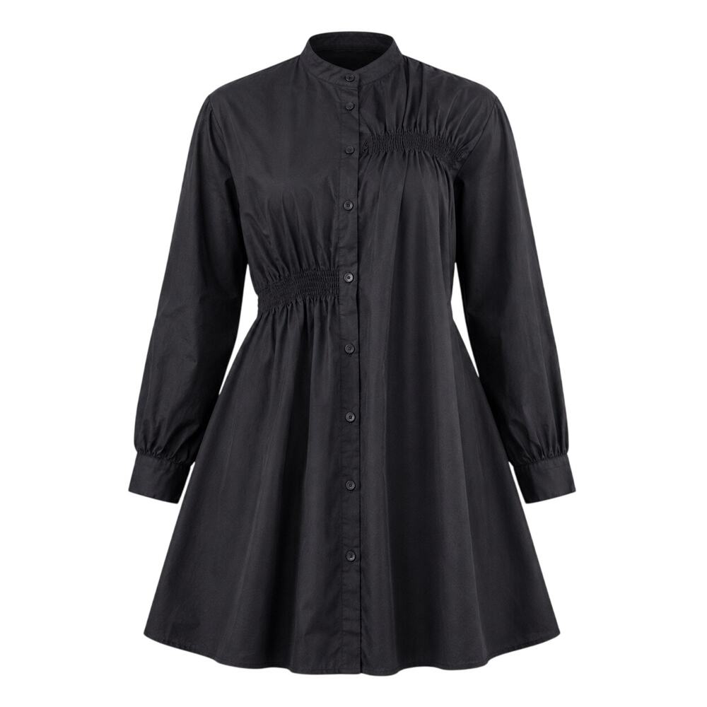 Zara Enya Black Cotton Poplin Babydoll Mini Dress XS Ruched Cottagecore